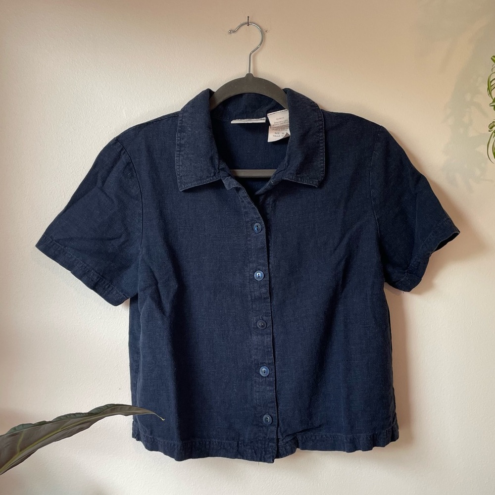 Vintage Studio Ease 90s navy blue short sleeve button up, size 10